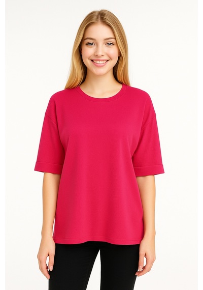 Kadın Oversize Kalıp Bürümcük Kumaş Duble Kol Yandan Yırtmaçlı T-shirt Bluz - T954 Pembe