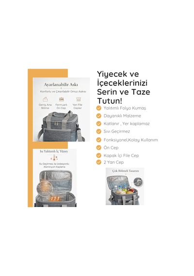 Termal Çanta 11 Lt Buzluk Çanta, Soğuk Tutan, Çift Saplı El & Omuz , File Kapaklı-314 Gri