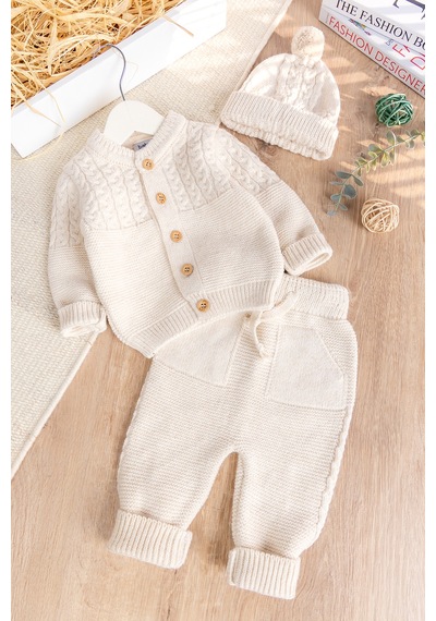Babymod Triko Yumuşak Dokulu Bereli Kışlık Örgü Kız Erkek Bebek Takım Set Bej