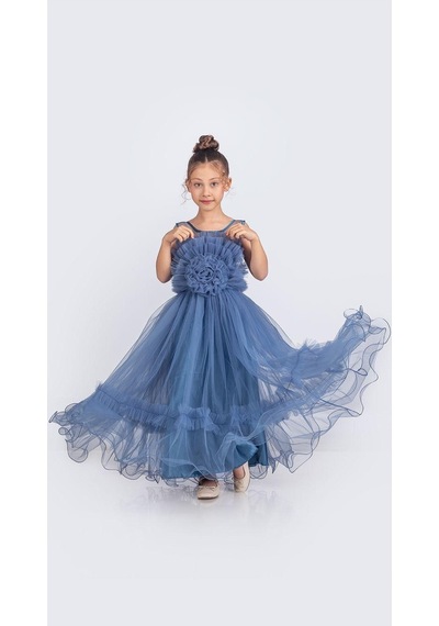 Mnk Baby & Kids Uzun Etekli , Askılı Kız Cocuk Gül Motif Abiye Elbise M00670 Koyu Mavi