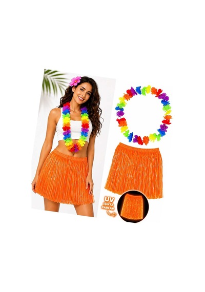 Neon Turuncu Hawaii Etek 40 Cm Ve Rengarenk Hawaii Kolye Evimdeyokyok