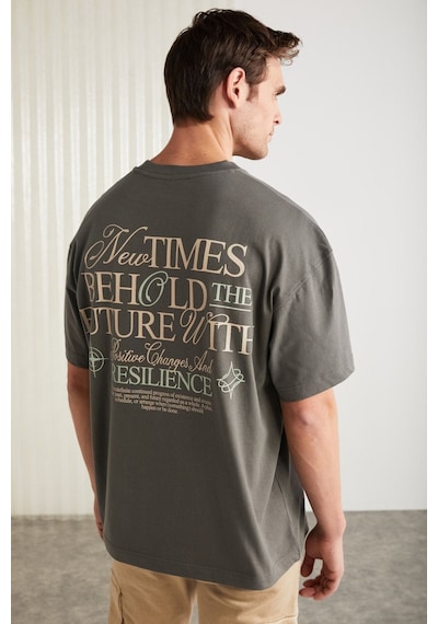 Grımelange Colıbrı  Erkek Ön Arka Baskı Detaylı Oversize Kısa Kollu Bisiklet Yaka Organik Pamuklu Gri T-shirt