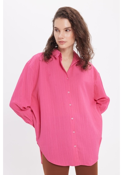 Tudors Kadın Oversize Geniş Kesim Bürümcük Pens Detaylı Uzun Kollu Dokulu Pembe Gömlek-38810 Pembe