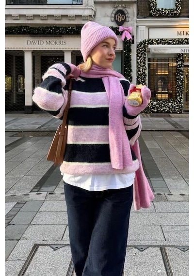 Madmext Pembe Bisiklet Yaka Çizgili Triko Kazak Mg2643 Pembe