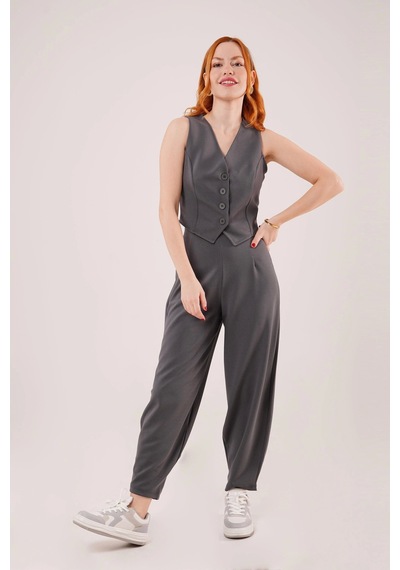 Defymoda Önü Düğmeli Gri Yelek Gri