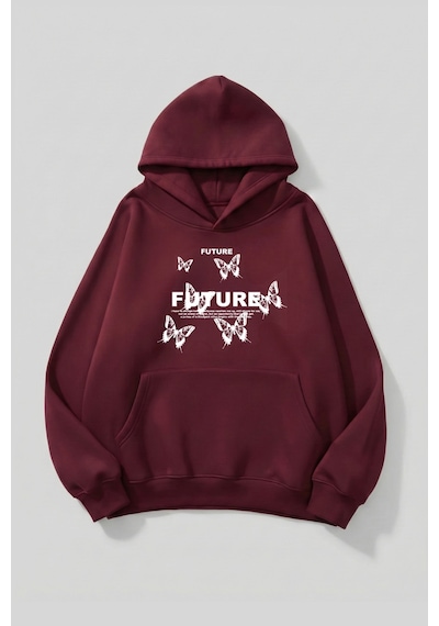 Uyguntarz Unisex Yumuşak Dokulu Future Butterfly Baskılı Tasarım Oversize 3 İplik Hoodie Sweatshirt Bordo