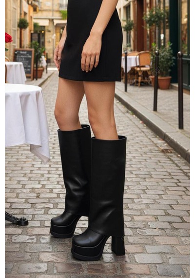 Asmi Shoes Kadın Estiva Platform Topuklu 12 Cm Tak Çıkar Bot Çizme Siyah Siyah