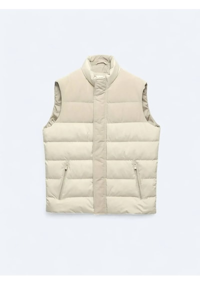 Kip Bej Regular Fit Dik Yaka Casual Dokuma Spor Yelek Bej