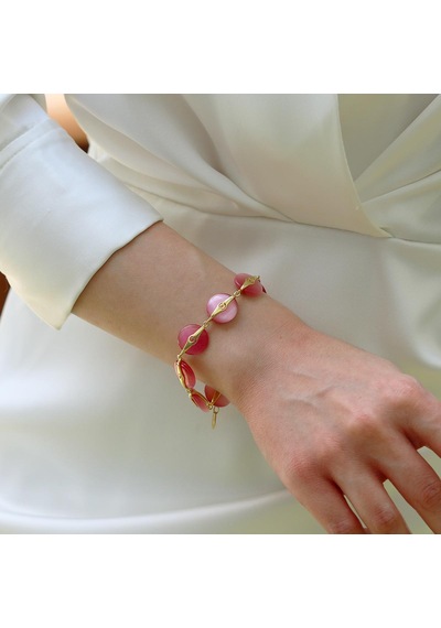 Pembe Kuvars Taşlı Gold Gümüş Bileklik Gümüş