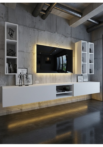 Resital Ledli Duvara Monte Tv Sehpası - Beyaz - W6003-1 Beyaz