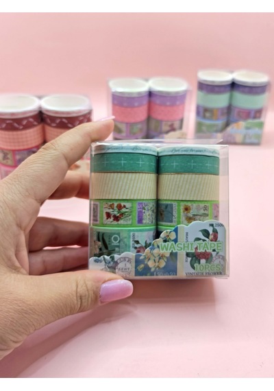 Vintage Washi Tape Bant Baskılı Yapışkanlı Maskeleme Kağıdı Desenli Bant 10'lu - Yeşil Pul Mektup 1