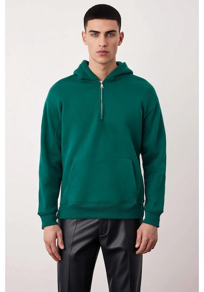 Benerly Erkek Kapüşonlu Fermuarlı Düşük Kol Uzun Kollu Kalıp Sweatshirt F Zümrüt