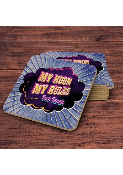 Kişiye Özel Retro My Room My Rules Tasarımlı Ahşap Bardak Altlığı - 1 4 Adet Çok Renkli