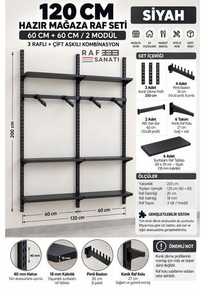 120 Cm Duvar Raf Askılık Sistemi 6 Raflı 2 Modül 200 Cm Konik Dikme Hazır Set Siyah