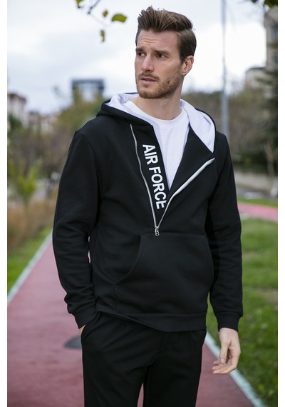 Buratti Kanguru Cepli Fermuarlı Kapüşon Yaka Slim Fit Erkek Sweat 575707 Siyah-Siyah