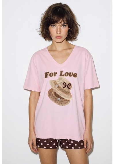Kadın V Yaka For Love Nakış Ve Boncuk İşlemeli Oversize T-shirt 2240 60286329 - Pudra