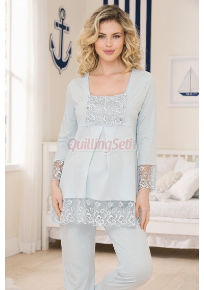 Quilling Bebe Mavi Renkli Dantel Detaylı, 33203, 2 Parça Lohusa Hamile Pijama Takımı Açık Mavi