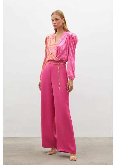 Sateen Zincirli Saten Krep Pantolon - Fusya-134889 Fuşya