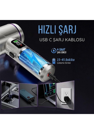 Romofy Şarjlı Araç Süpürgesi 22.000 Pa - Üfleme Özellikli Mini Oto Süpürgesi 3 Kademeli - 15.000 Mah Şarj Kapa Diğer