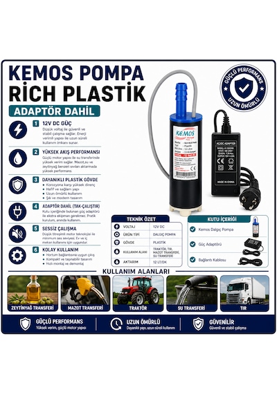 220-12 Volt Rich Plastik Dalgıç Adaptörlü Mazot Aktarma Sıvı Transfer Pompası