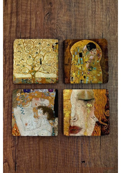 Doğal Taş Bardak Altlığı Gustav Klimt Eserleri Baskılı 4'lü Set - Stone Coasters Çok Renkli