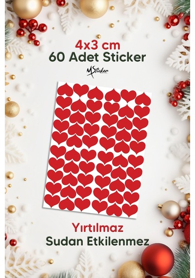 Yılbaşı Sevgililer Günü 3x4 Cm 60 Adet Kalp Sticker Seti, Hediye Paketi Süsü - Paketleme - Özel Kesimli