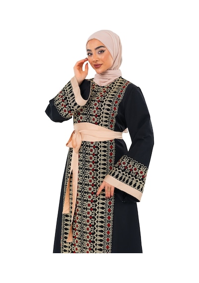 Zaytoon Uzun Kollu Tek Taraflı Nakışlı Kırmızı Kemerli Filistin Elbise C100057 Gold