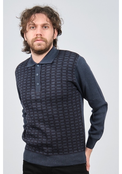 Ateş Triko Erkek Polo Yaka Desenli Yün Kazak 6092101 Indigo Indigo İndigo