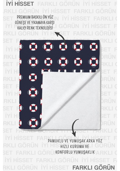 Marine Simit Lacivert Plaj Havlusu - Nautical Kırmızı Beyaz Hızlı Kuruyan Mikrofiber Havlu Eski İncir