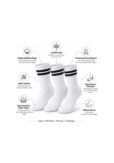 Womanandkids Wak Unisex Beyaz Çorap Siyah Çizgili 3'lü Set Uzun Soket Günlük Spor Kolej Stil Rahat Kadın Erkek Ço
