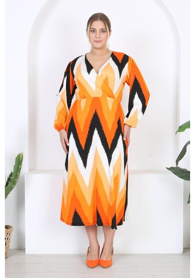 Mooi Xxl Kadın Turuncu Zigzag Desen Kruvaze Yaka Balon Kol Maxi Boy Bürümcük Elbise Turuncu Mooi Xxl Kadın Turuncu Zigzag Desen Kruvaze Yaka Balon Kol Maxi Boy Bürümcük Elbise Turuncu