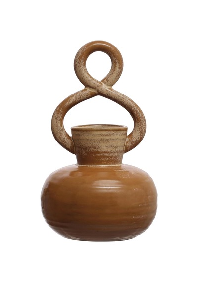 Bloomingville Yuvarlak Dekoratif Taş Vazo, Bükülmüş Sap Ve Reaktif Sır, 21.6 Cm, Kahverengi Diğer
