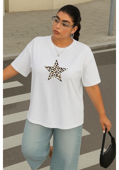 Benroma Büyük Beden Yıldız Leopar Baskılı Unisex Tişört Çok Renkli