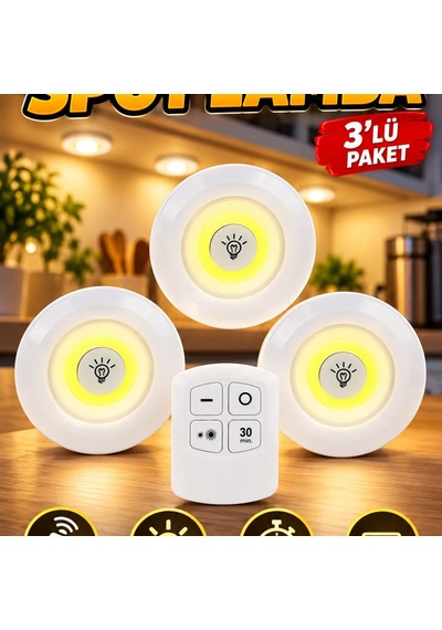Kablosuz Kumandalı Led Spot Lamba Seti 3 Lü Paket Pilli Dolap İçi Mutfak Banyo Aydınlatma Diğer