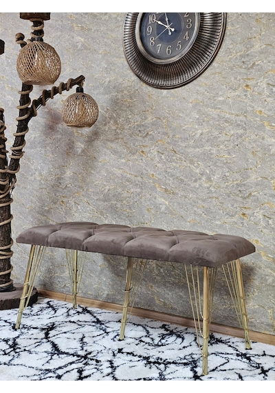 Zafir Metal Gold Tel Ayaklı 100 Cm Puf Bench - Puf - Bench - Oturak - Mutfak Oturağı - Antre Oturağı Kahverengi