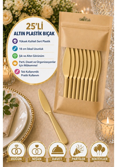 25 Li Altın Plastik Bıçak 18 Cm Sert Tek Kullanımlık