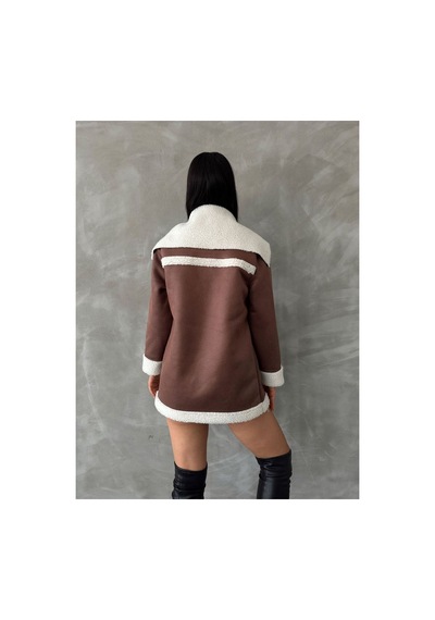 Verymoda Siyah Deri Fermuarlı Yakası Kürklü Mont F1534 Taba Krem