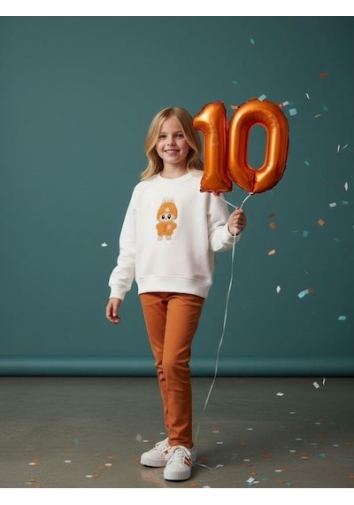 Kız Çocuk Pamuklu Karakter Baskılı Oversize Tasarım Sweatshirt-16454 Beyaz