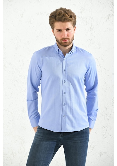 Slim Fit Uzun Kol Oxford Hediye Kutulu Kolay Ütülenebilir Erkek Gömlek - Koyu Mavi-1508