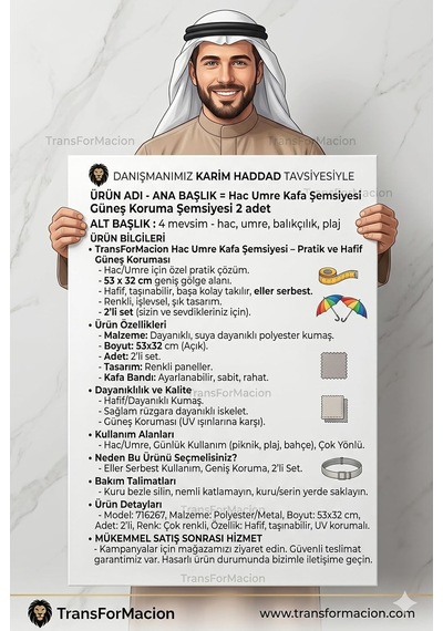 Kafa Şemsiyesi, Beyaz, Hac Umre İçin Güneş Koruma, Uv Korumalı, Ayarlanabilir Kafa Bandı, Hafif Standart