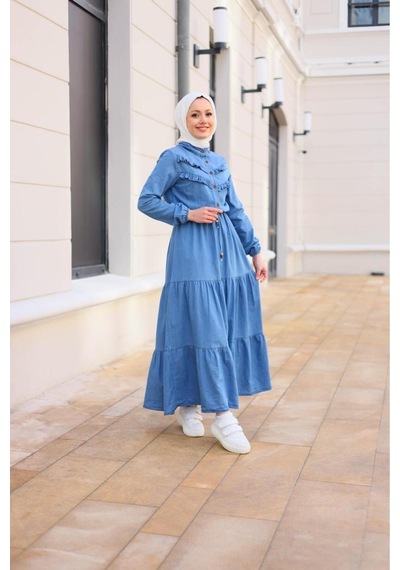 Harman Butik Kadın Fır Fırlı Denim Kot Elbise Açık Mavi