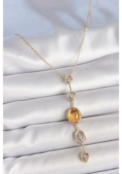 Pirinç Zincir Kehribar Sarı Gold Renk Zirkon Taşlı Y Kolye - Sarı