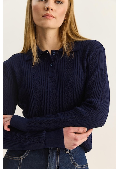 Shade Kadın Polo Yaka Patlı Regular Fit Triko Kazak 20258063 - Lacivert