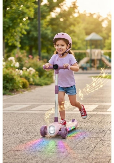 Işıklı Ve Müzikli Çocuk Scooterı4 Kademeli Ayarlanabilir Gidon Yüksekllikli Özel Tasarımlı Scooter Pembe