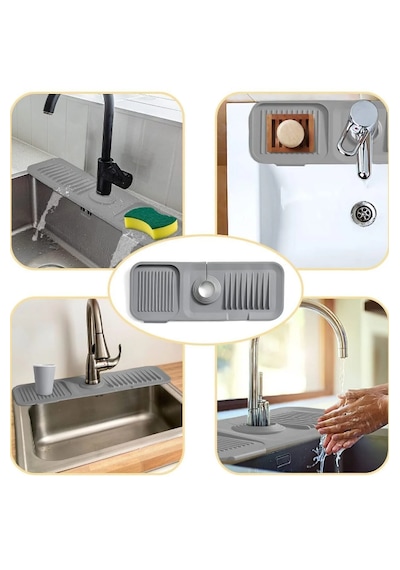 Elastik Musluk Matı Su Tutucu Düzenleyici Kaydırmaz Taban Organizer Mutfak Banyo Lavabo Gri