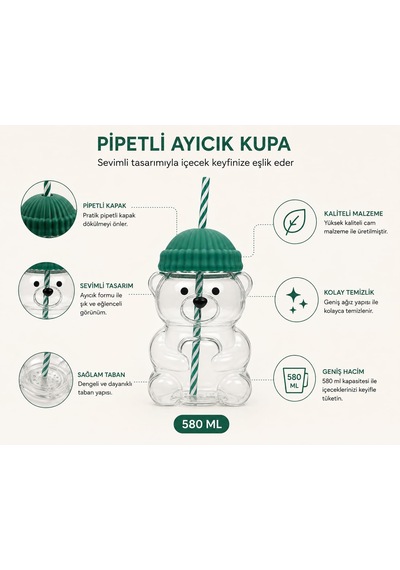 Orret Home 580 Ml Ayıcık Desenli Cam Bardak Pipetli Silikon Kapak Şeffaf Cam