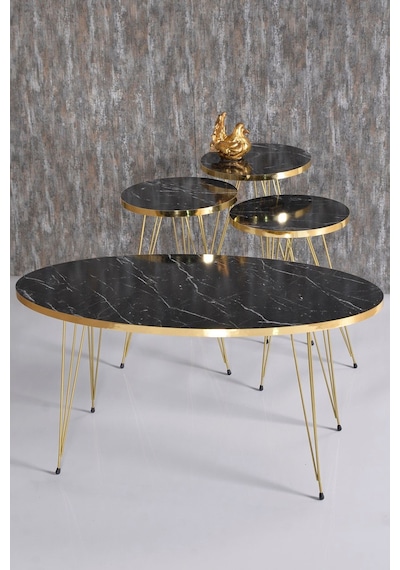 Zigon Sehpa Ve Orta Sehpa Elips Set Gold Tel Siyah Mermer Desen