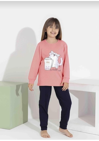 Kız Çocuk Kedi Baskılı Uzun Kollu Pijama Takımı Rahat Ev Giyimi-8411- Pembe