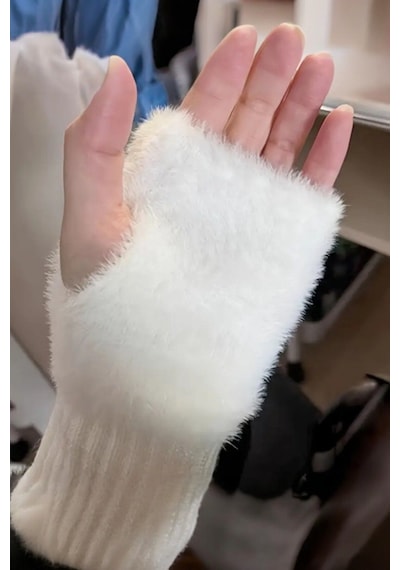 Hitit Socks Kadın 1 Çift Kışlık Parmaksız Termal Esnek Polarlı Peluş Eldiven Beyaz
