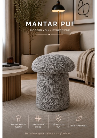 Luxury Mantar Puf İthal Bukle Kumaş, Modern & Zarif Gri - 873462318 Gri